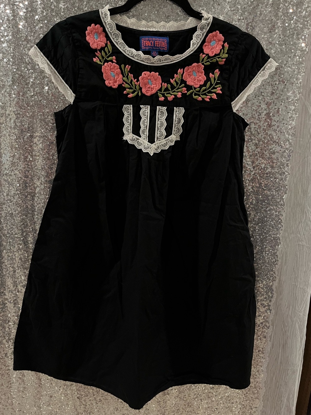 Tracy Feith Black Dress with Pink Floral Embroidery